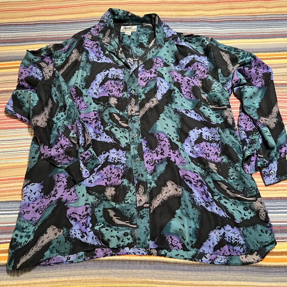 VTG Impact 100% Silk Abstract Print Long Sleeve Button Up Shirt Women's‎ XLG